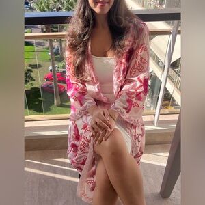 Soft Surroundings Womens Sheer Kaftan With Pink And Purple Floral Embroidery